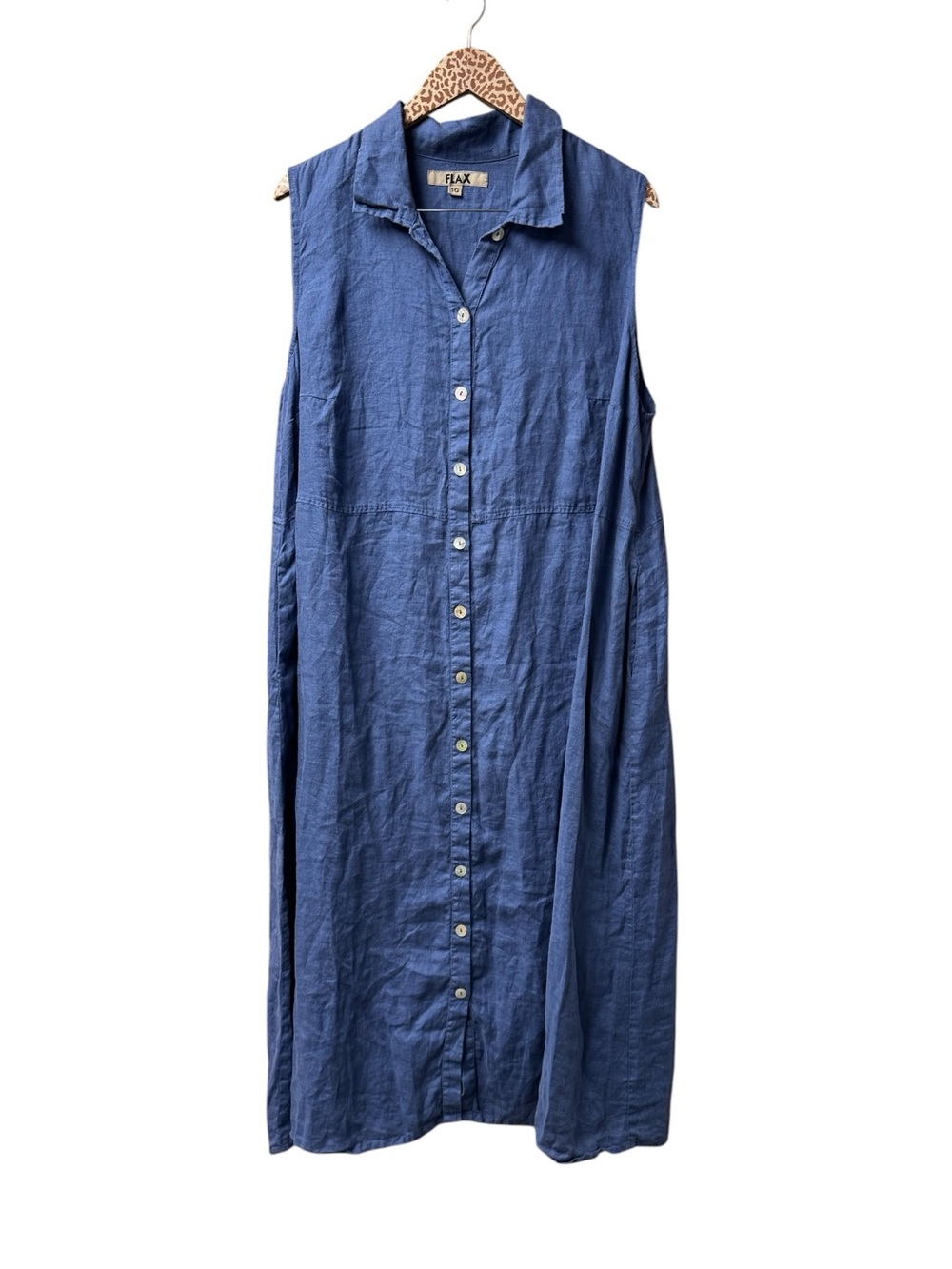 Flax Sleeveless Collared Button Front Midi Dress 100% Linen Blue 1G 18-20